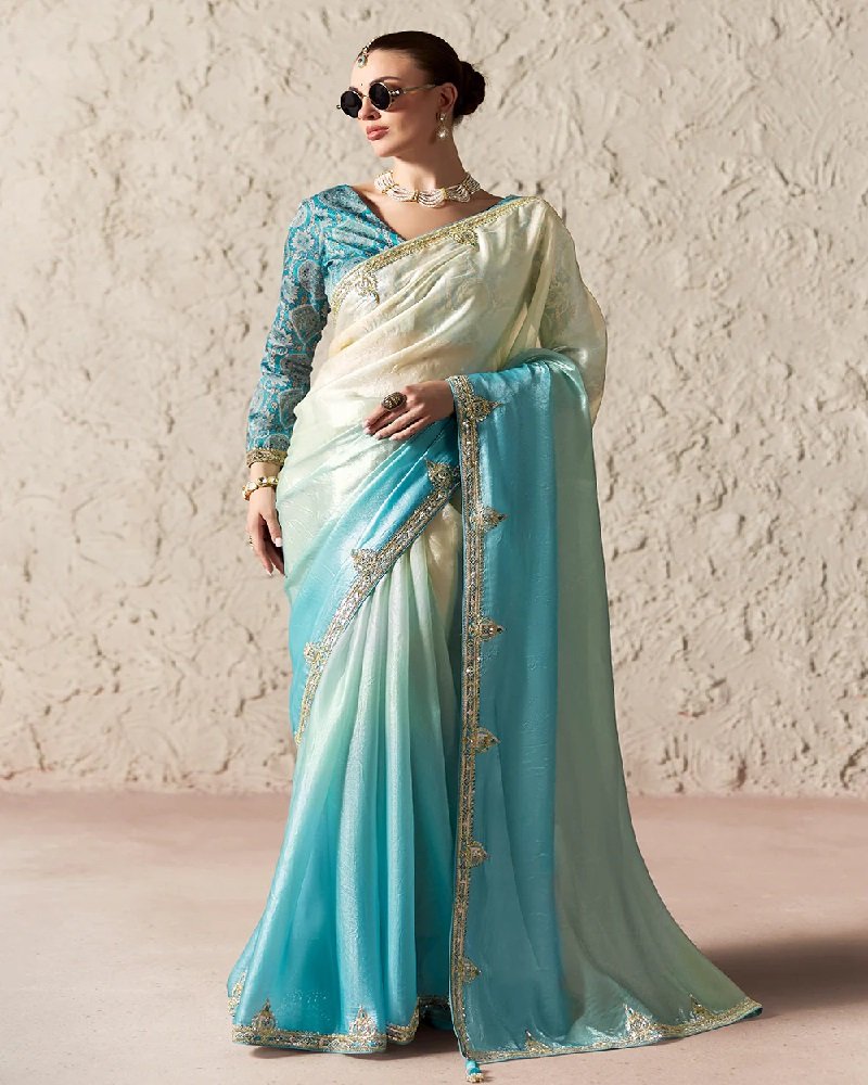 Aqua Blue Fancy Tissue Organza Party Wear Saree