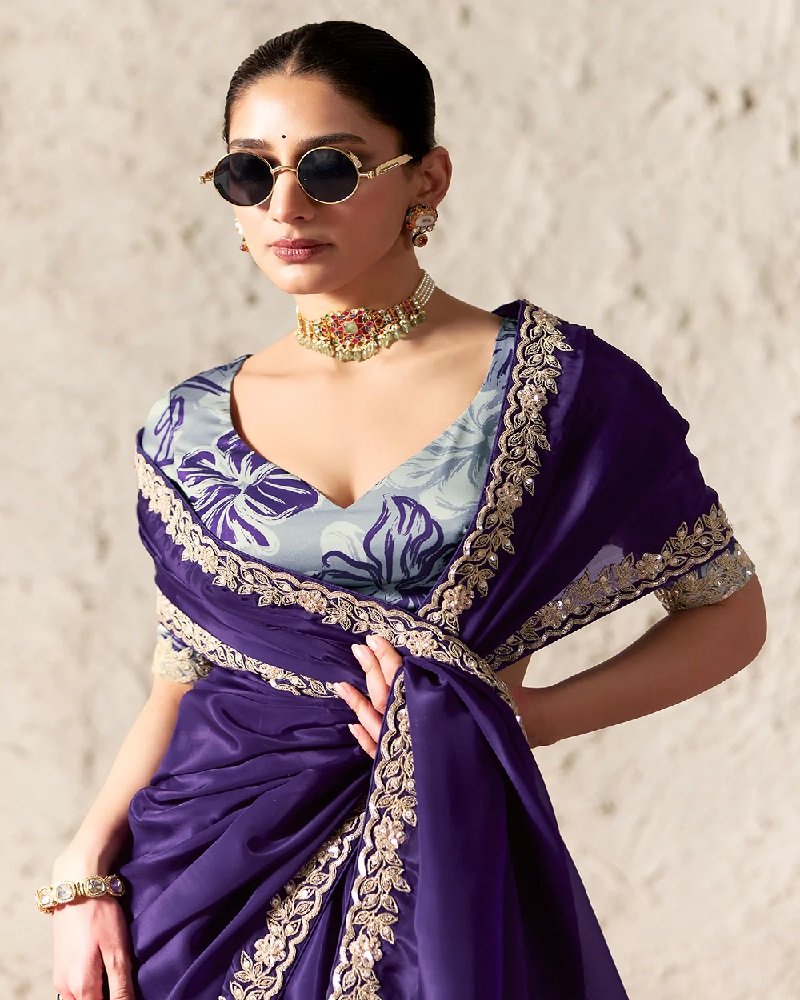 Royal Purple Fancy Tissue Organza Party Wear Saree - Image 2