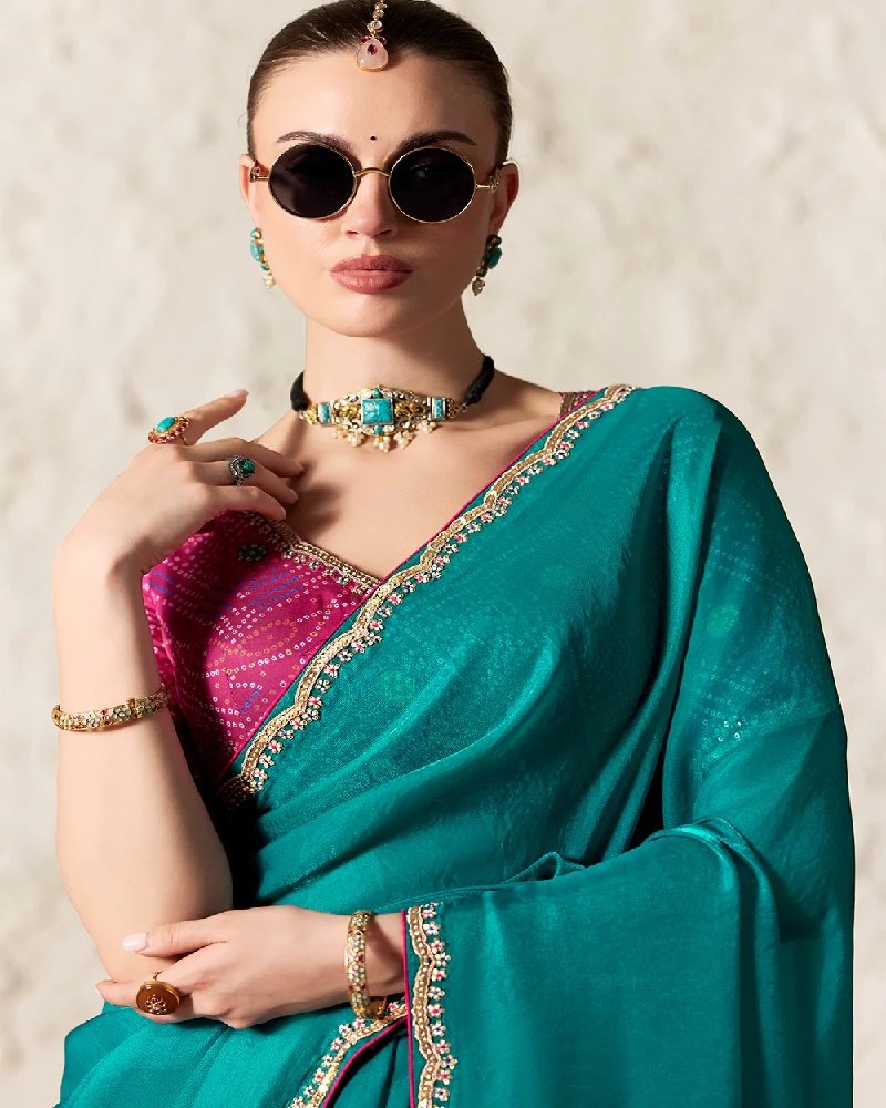 Teal Green Fancy Tissue Organza Party Wear Saree - Image 2