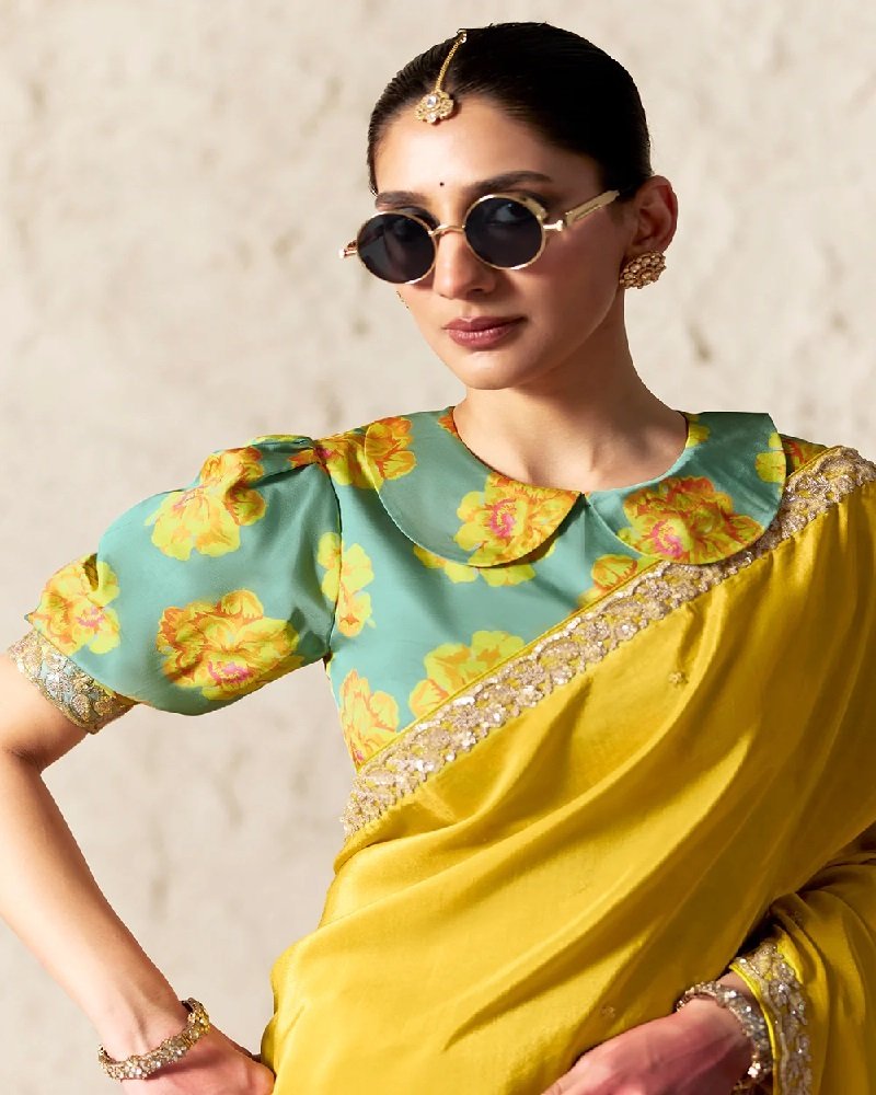 Sunshine Yellow Fancy Tissue Organza Party Wear Saree - Image 2