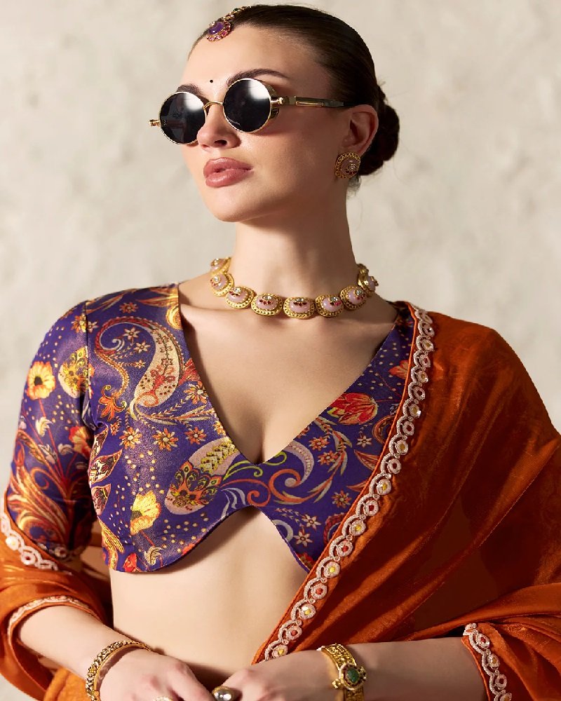 Rust Orange Organza Party Wear Saree with Contrast Designer Blouse - Image 2