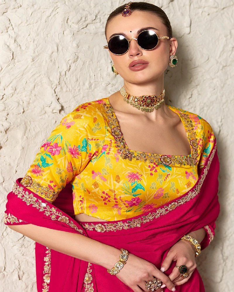 Hot Pink Fancy Tissue Organza Party Wear Saree - Image 2