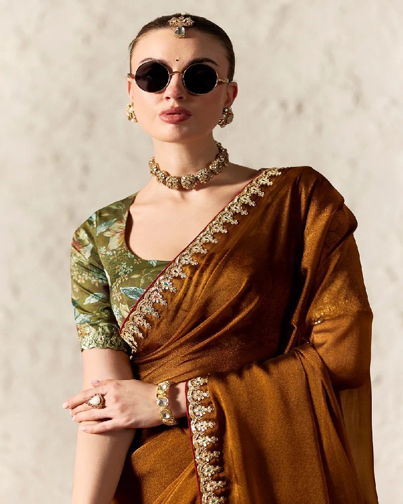Bronze Brown Fancy Tissue Organza Party Wear Saree - Image 2