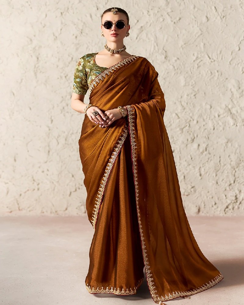 Bronze Brown Fancy Tissue Organza Party Wear Saree