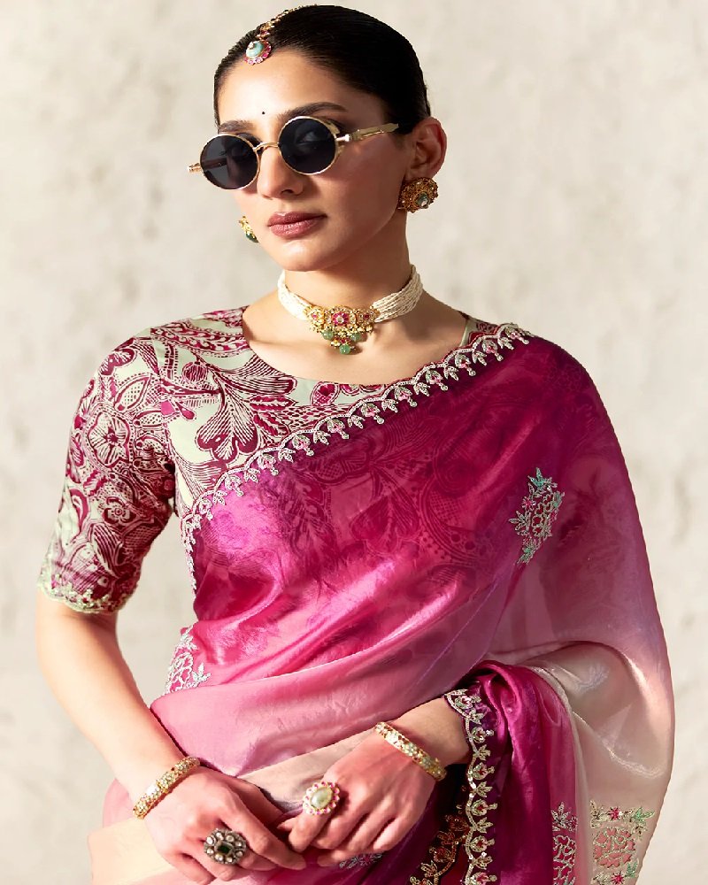 Ombre Pink Fancy Tissue Organza Party Wear Saree - Image 2